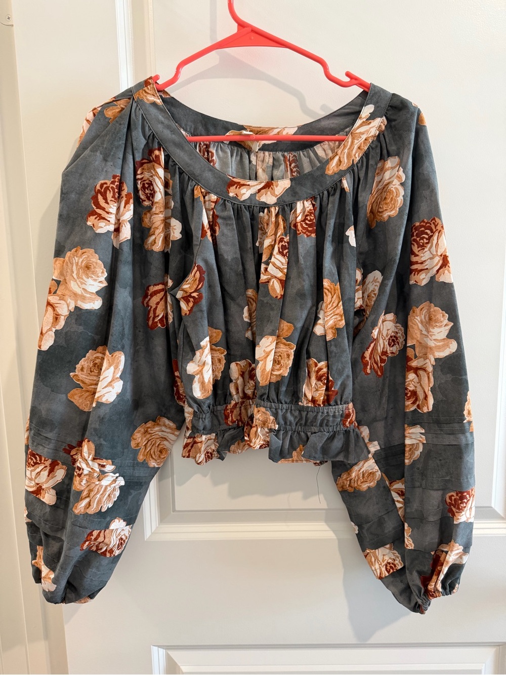 Charcoal Floral Peasant Blouse Crop Top with Tan Rose Print